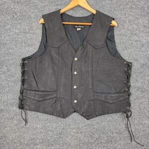 Vtg Steer Brand Vest Mens XL Black Leather Lace Up Biker Moto Snap Front USA